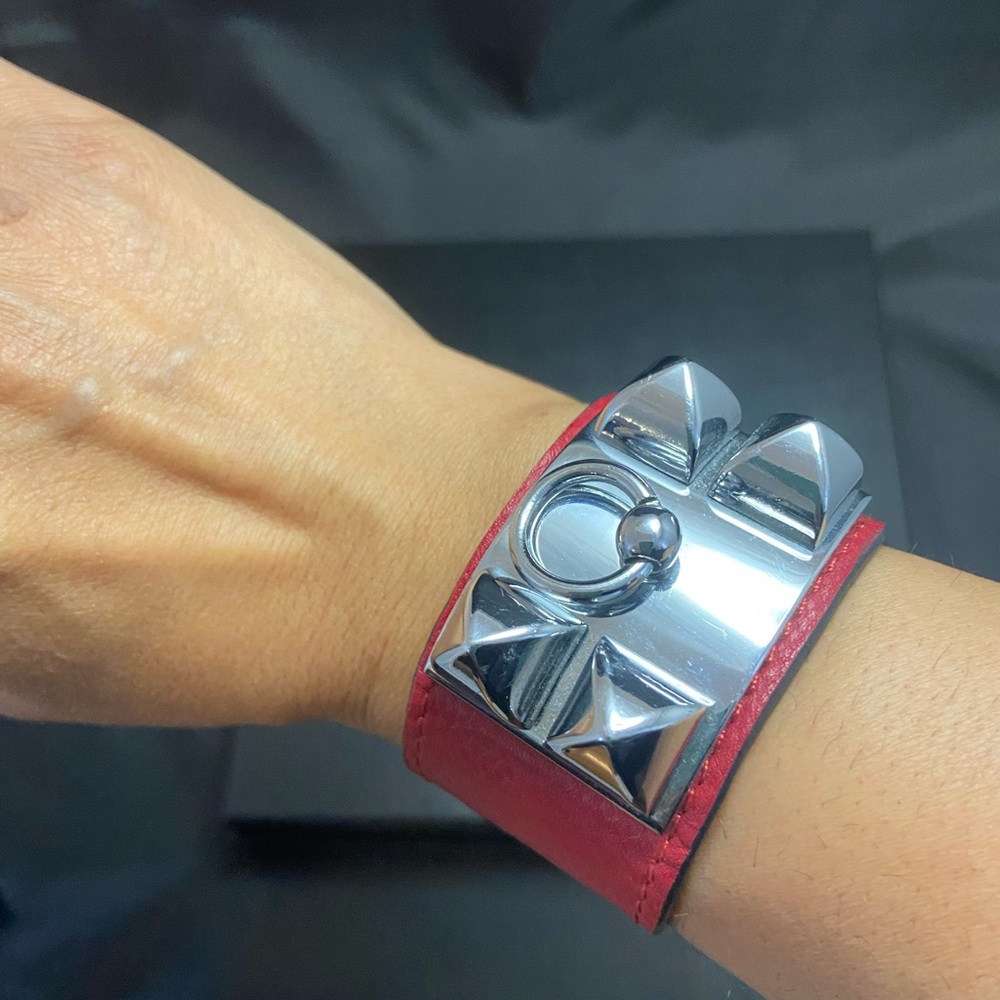 “Inspired” red leather bracelet with silver accents